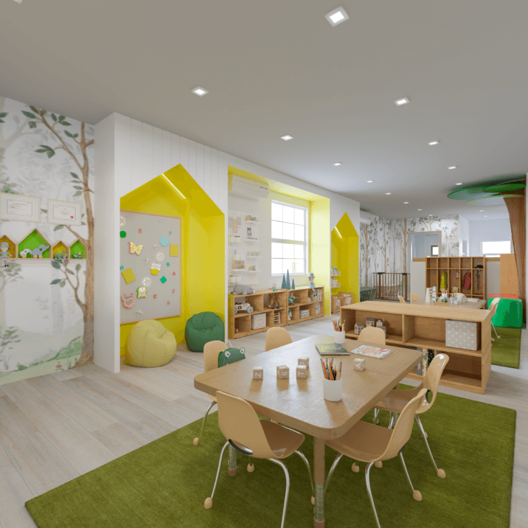 Daycare interior with child-scale learning, reading, and activity zones