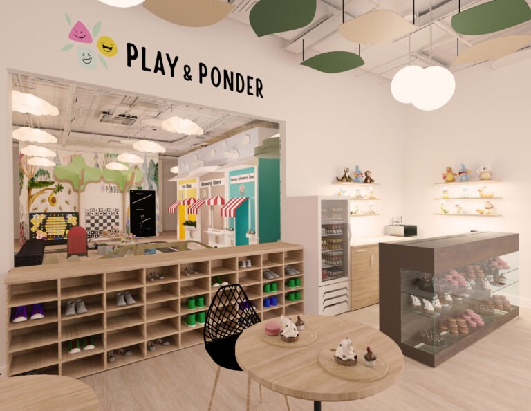 Play café design with parent seating and children’s indoor play area