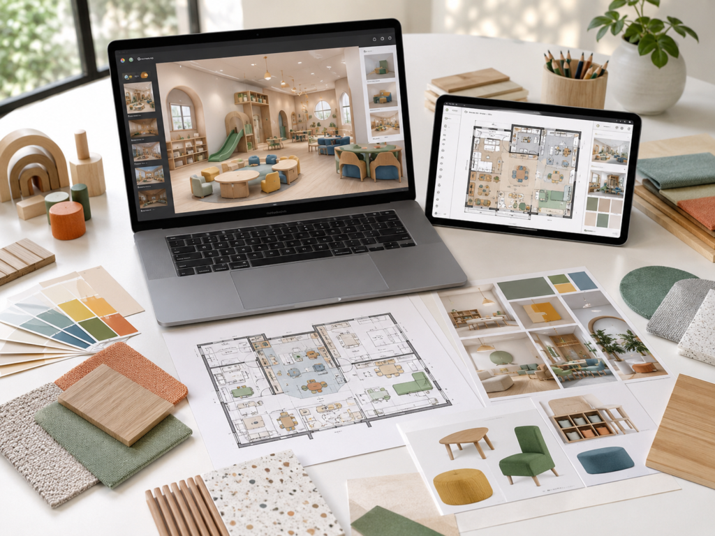Virtual interior design package with digital floor plans, 3D visuals, mood board, and material selections