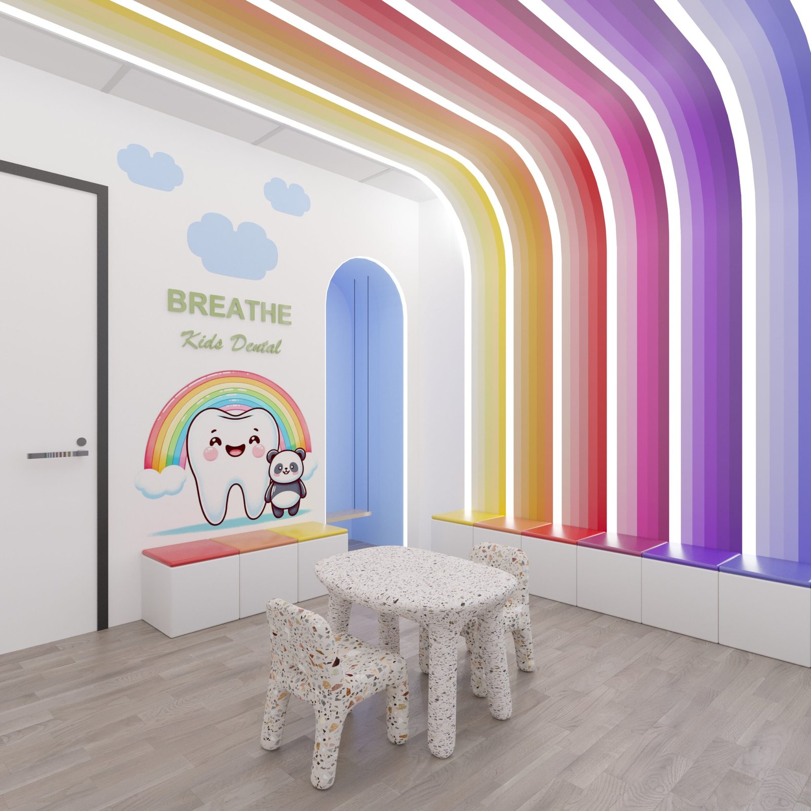 Pediatric dental interior with colorful treatment spaces for children