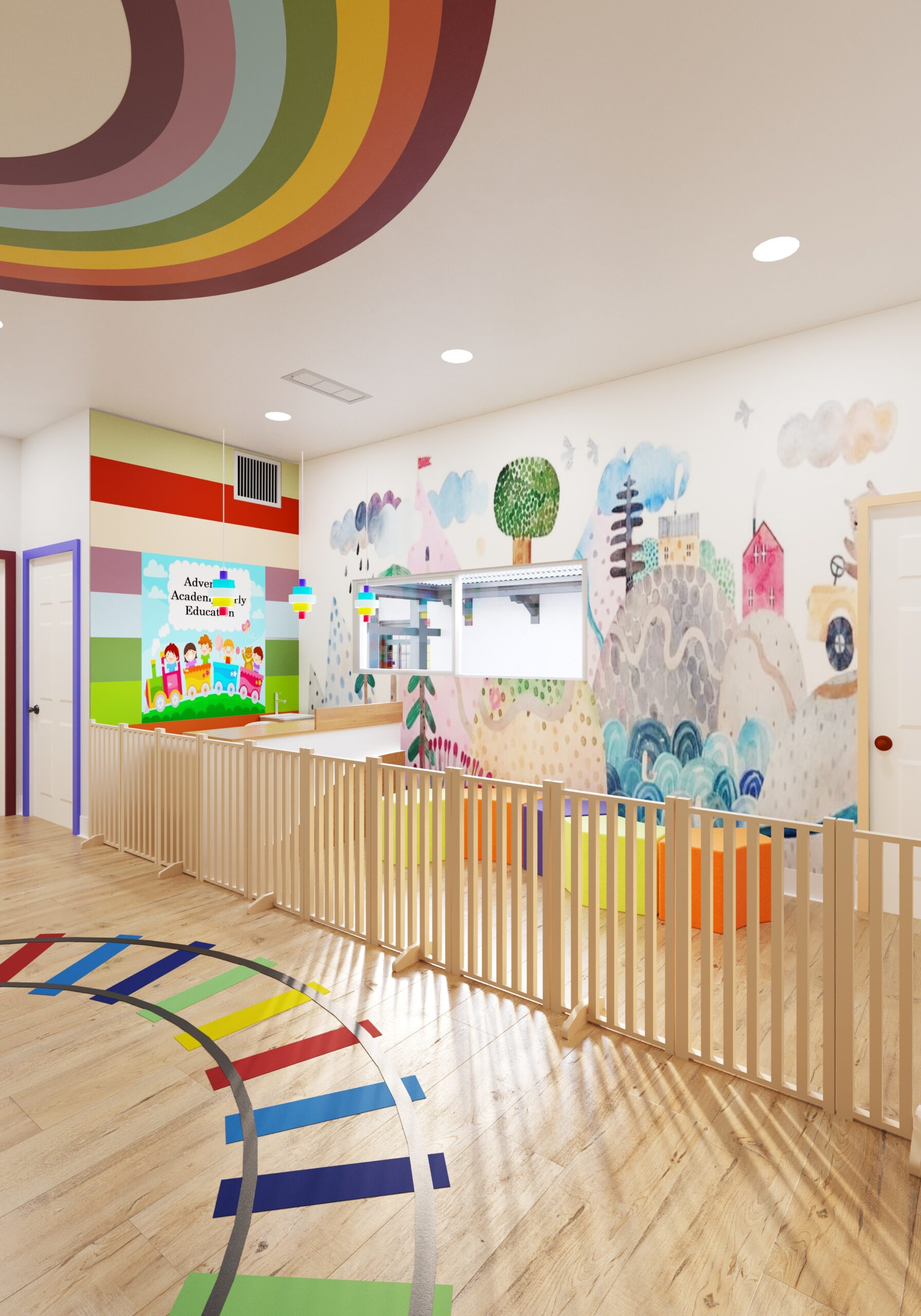 childcare center with fenced play zone, colorful train wall, and playful murals