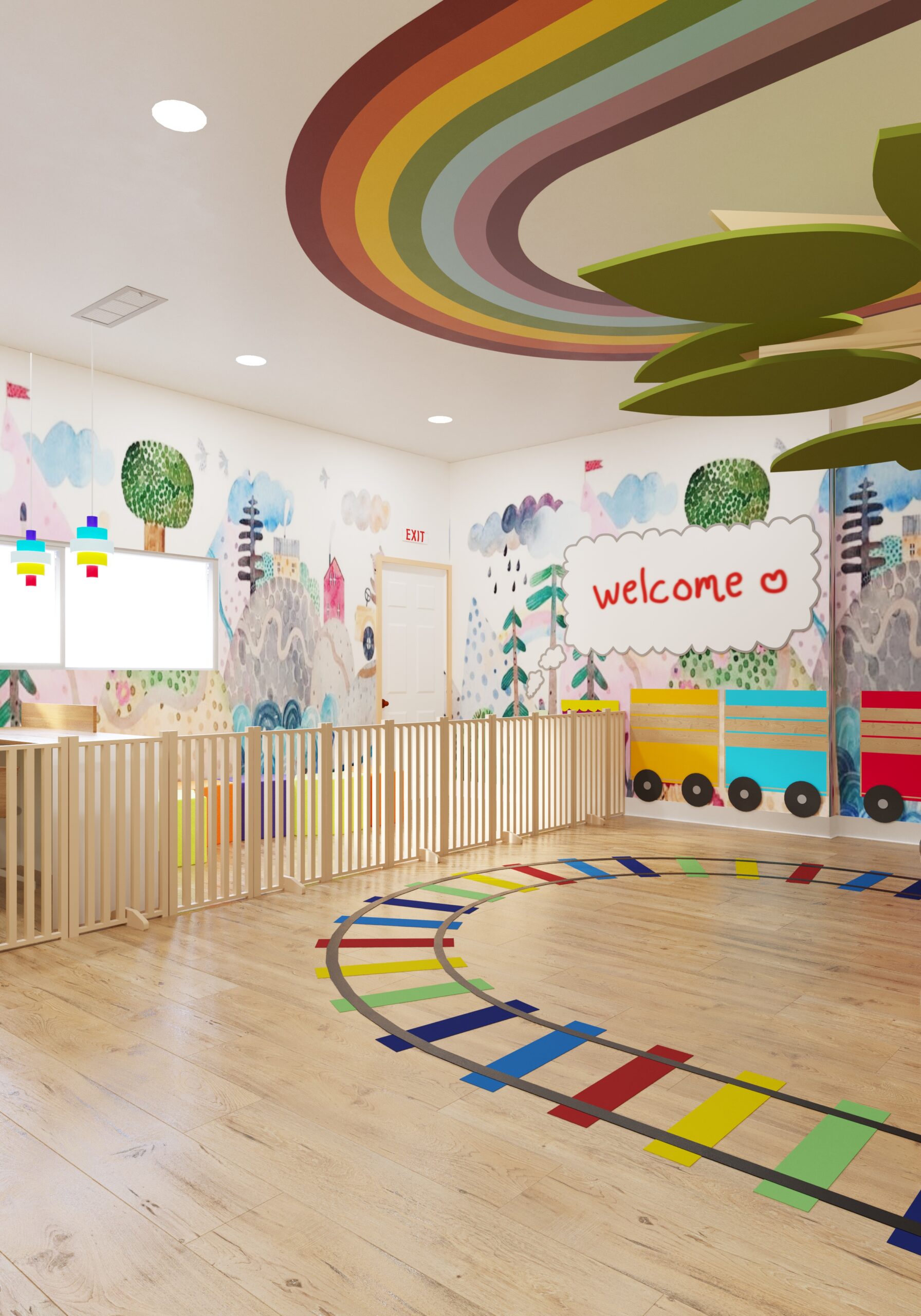childcare center interior with rainbow ceiling, train wall, and colorful play path
