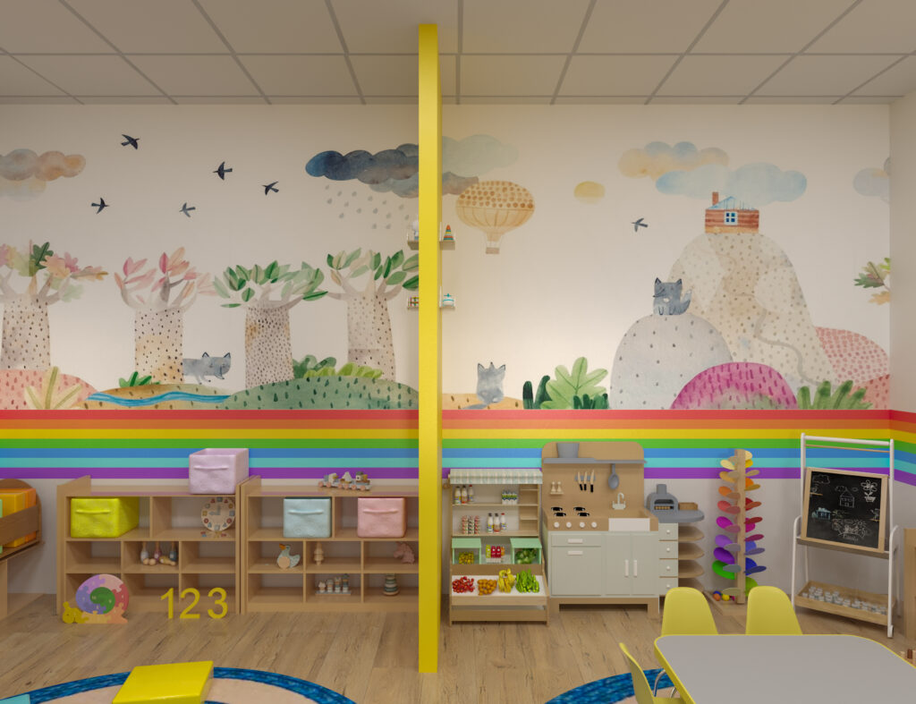 childcare classroom with open storage shelves, toys, rainbow wall, and pretend play area