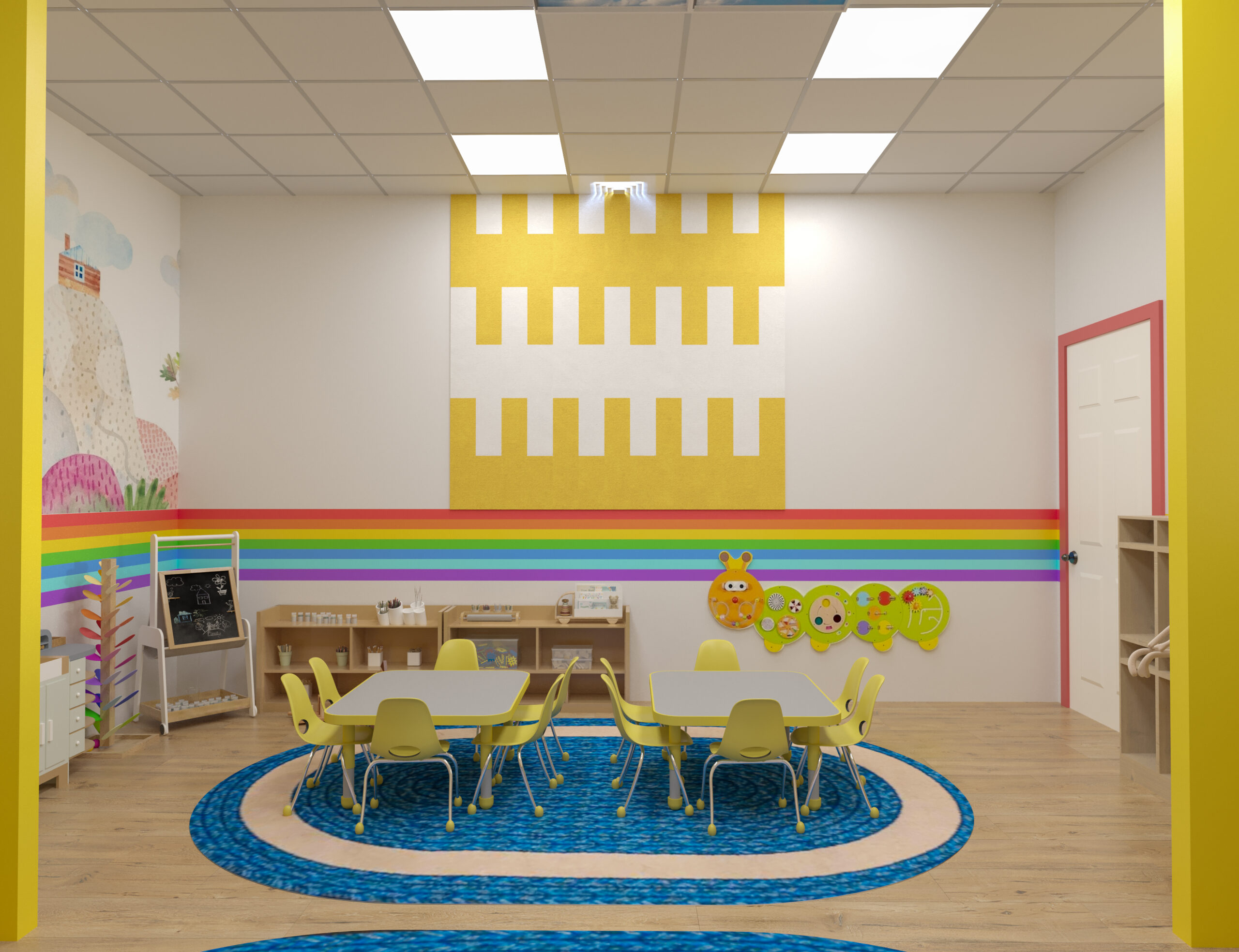 early education classroom with yellow chairs, activity tables, and learning materials