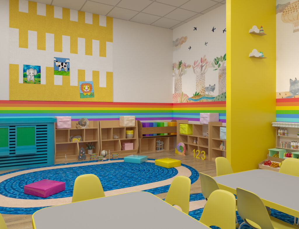 daycare and preschool design with colorful classroom, play area, and child friendly furniture