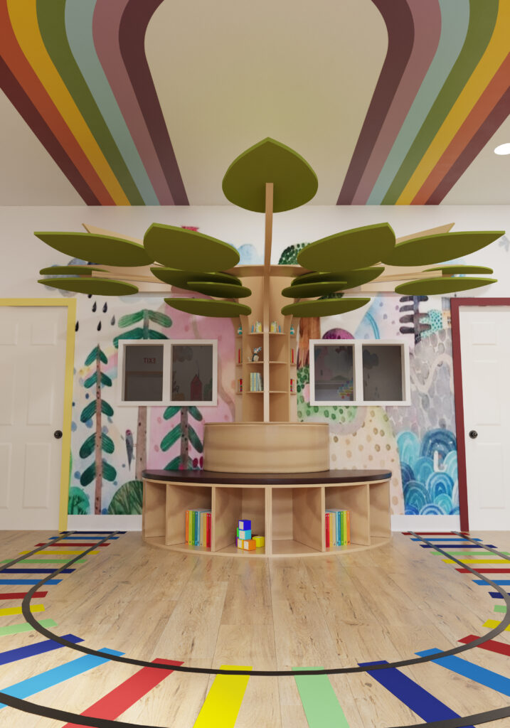 daycare and preschool reading area with tree feature, bookshelves, and colorful floor pattern
