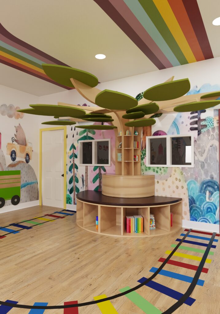daycare classroom with tree bookshelf, storybook wall mural, and colorful floor track