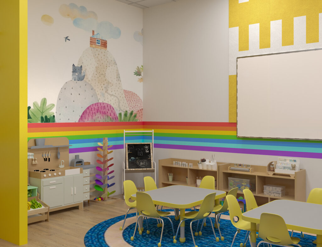 preschool classroom with activity tables, pretend play kitchen, and rainbow wall design