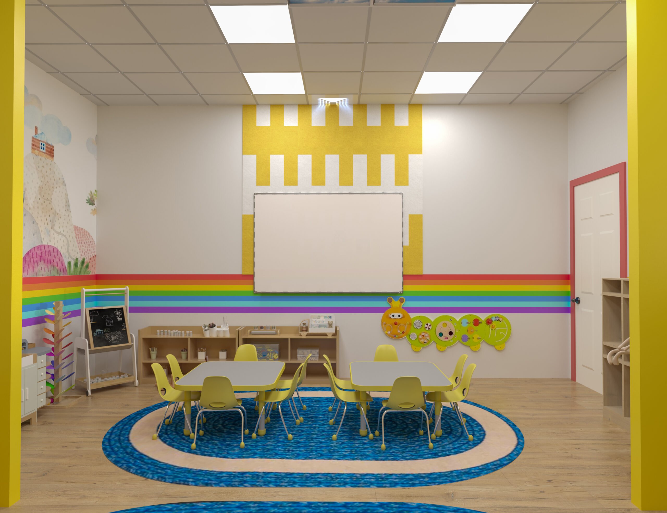 preschool group learning room with activity tables, blue rugs, and whiteboard wall