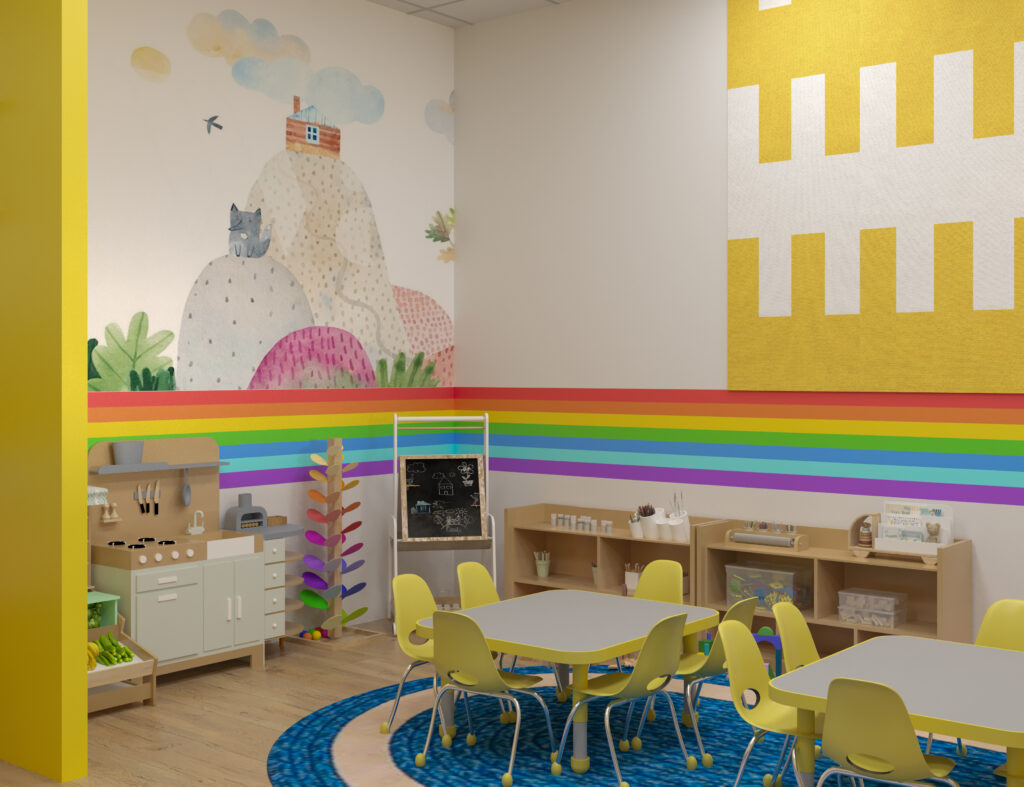 daycare classroom with yellow chairs, learning shelves, and colorful rainbow mural