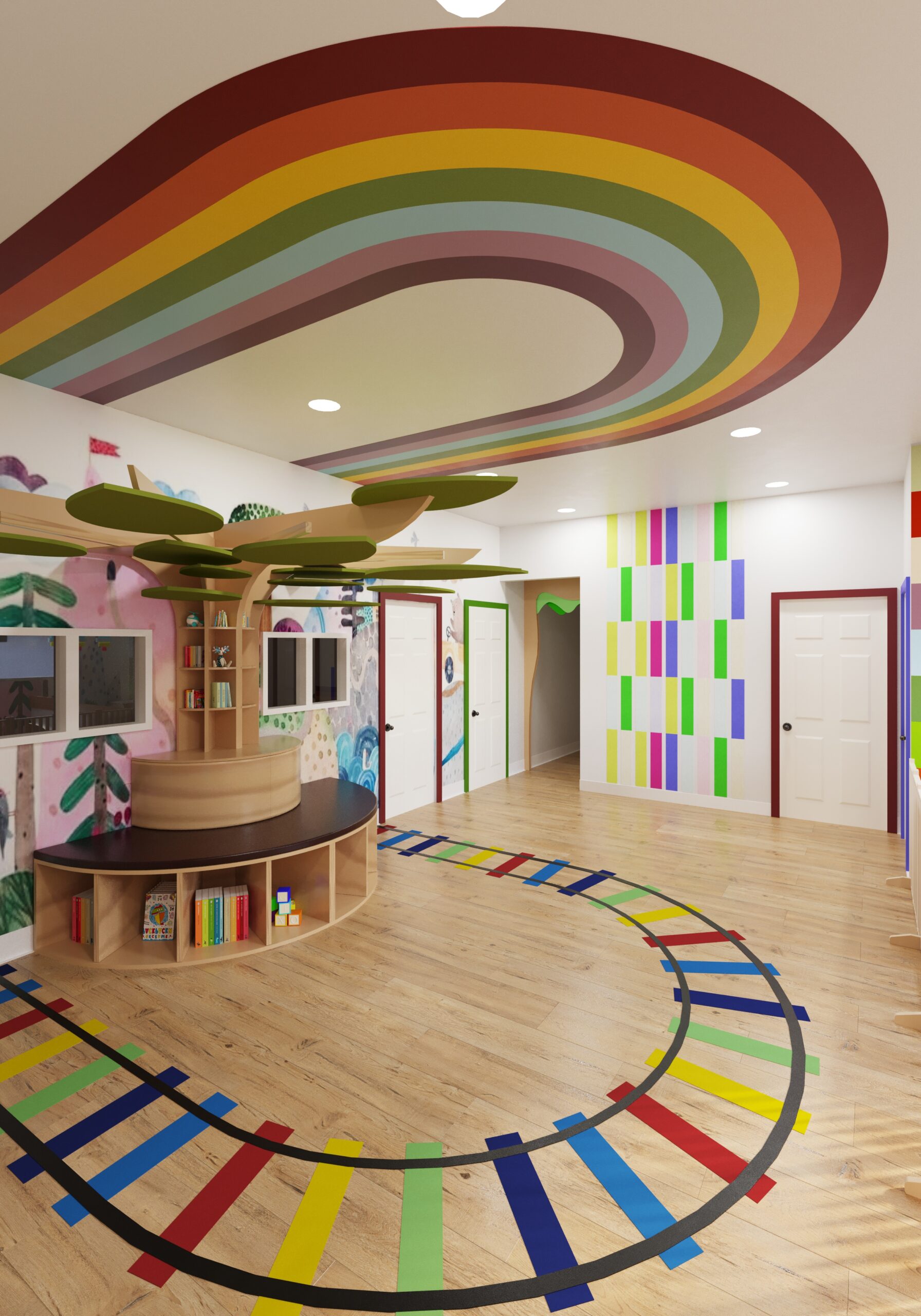preschool hallway with rainbow ceiling design, tree bookshelf, and playful floor pattern