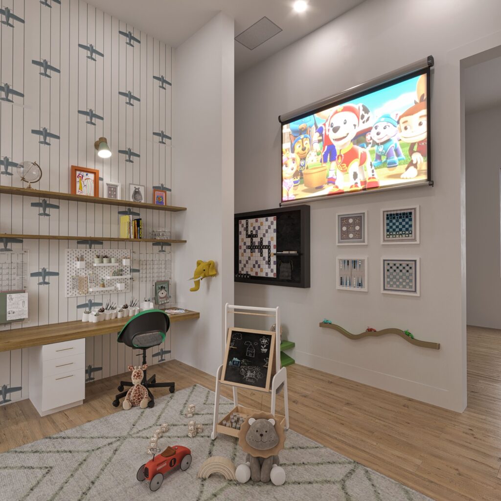 kids study playroom with art desk, game wall, car track, and soft rug