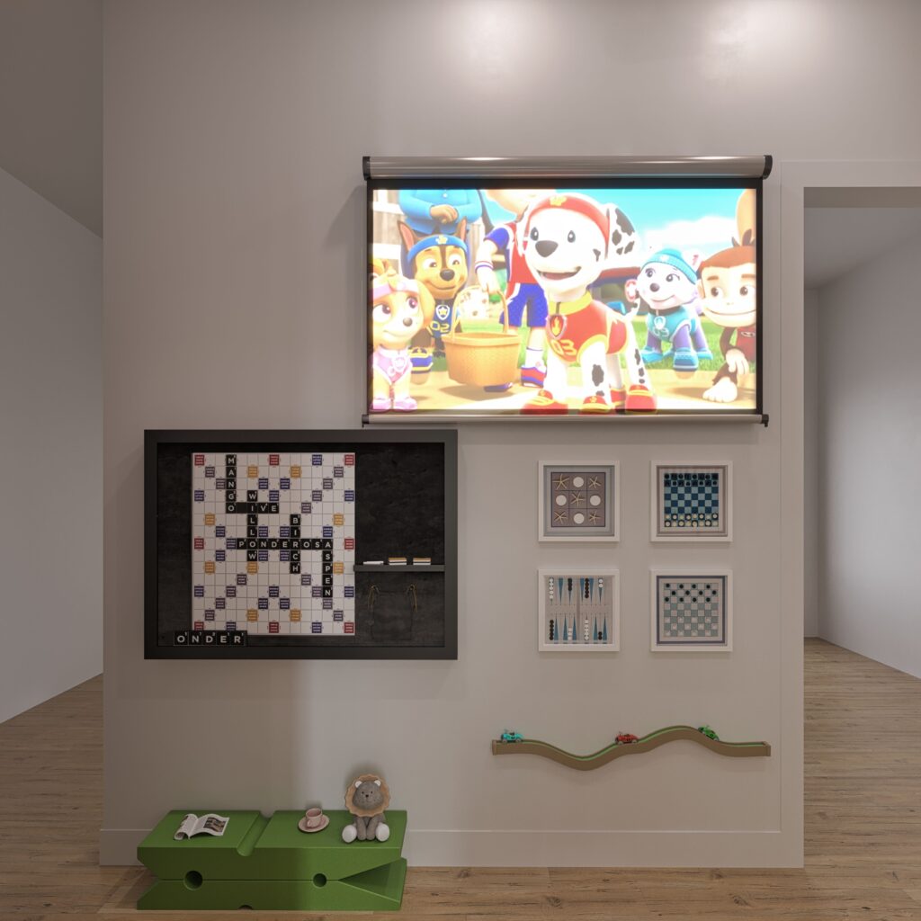 kids study playroom with wall games, projector screen, and car track