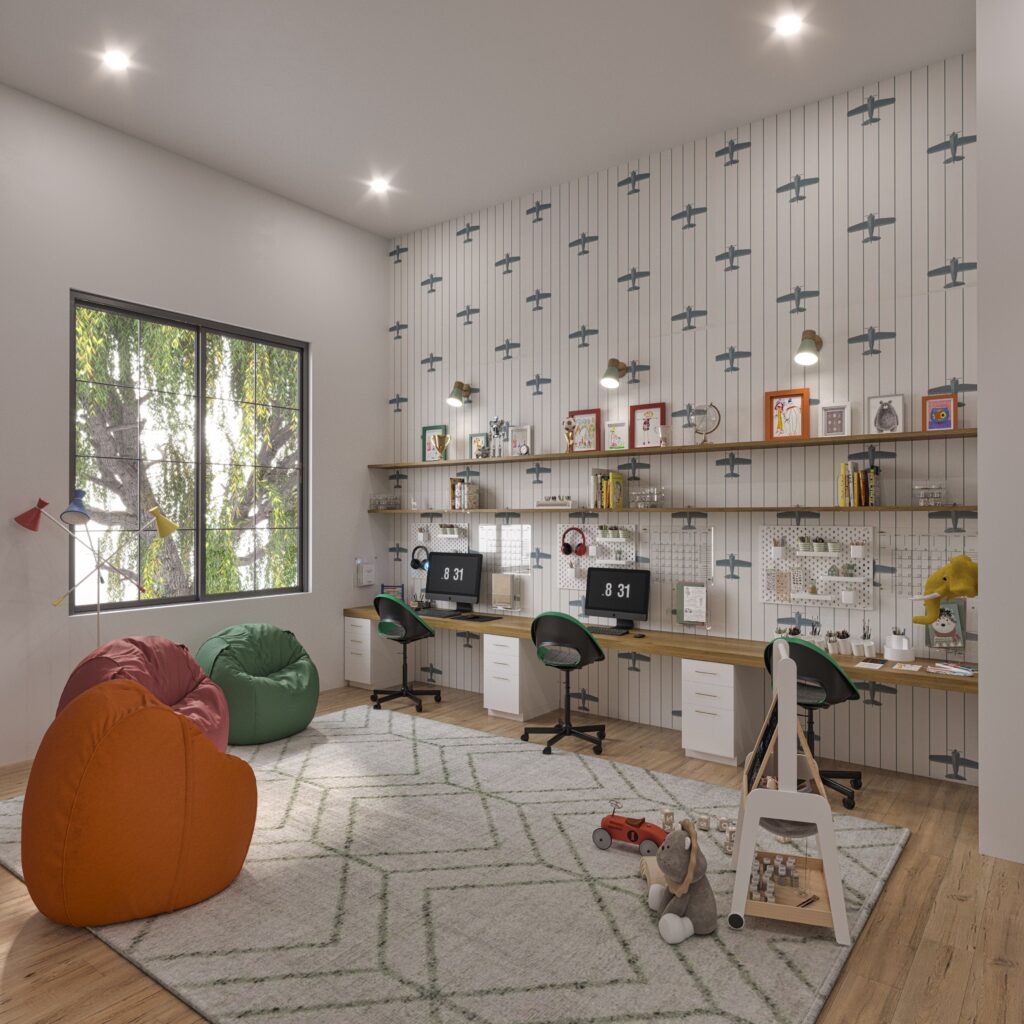 shared kids study room with three workstations, shelves, and soft seating