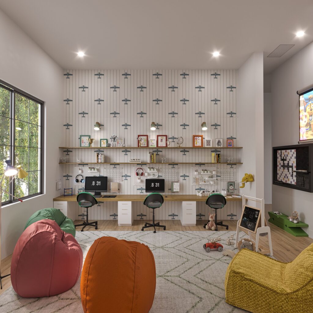 kids study playroom with three desks, personal storage, and bean bag seating