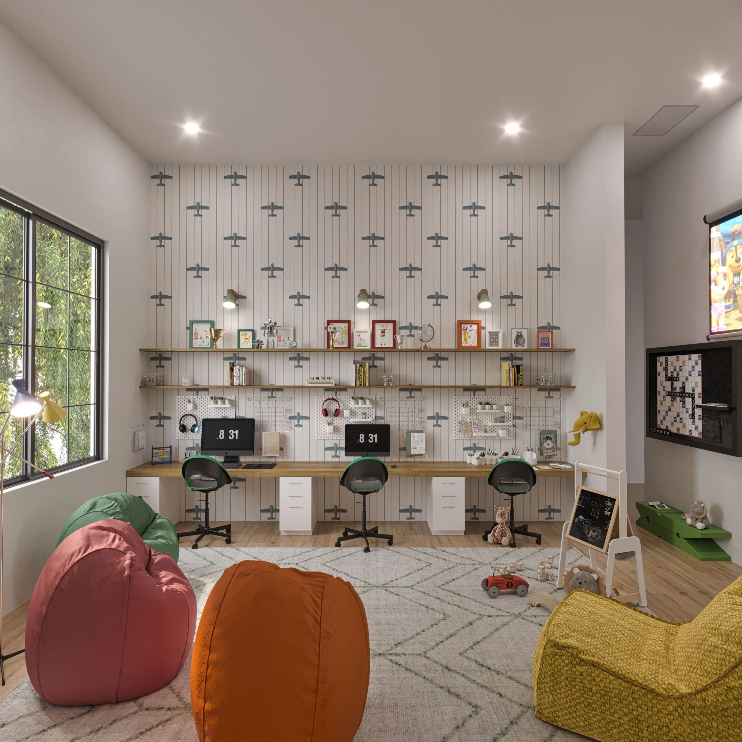 kids study playroom with three desks, personal storage, and bean bag seating