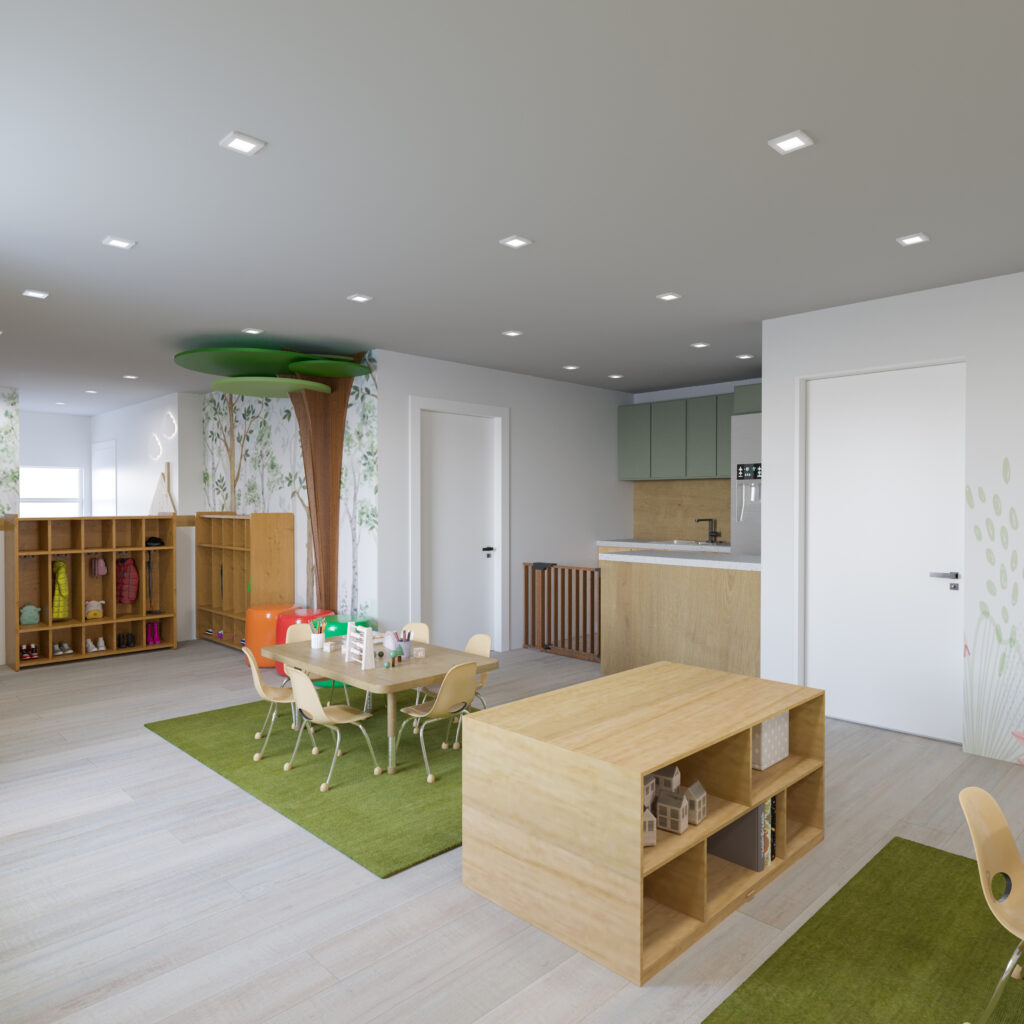daycare classroom with cubby storage, child-sized table, green rug, and nature wall mural