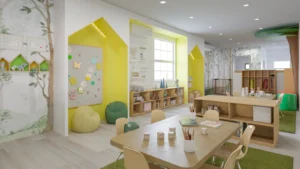 Daycare Design Color Strategy: 7 Essential Lessons for Calmer Childcare Spaces 10 Daycare design color strategy at Bright Smiles Childcare with soft natural tones, yellow and green accents, activity tables, storage, and child-friendly learning zones.