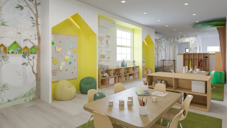 Daycare Design Color Strategy: 7 Essential Lessons for Calmer Childcare Spaces 10 Daycare design color strategy at Bright Smiles Childcare with soft natural tones, yellow and green accents, activity tables, storage, and child-friendly learning zones.
