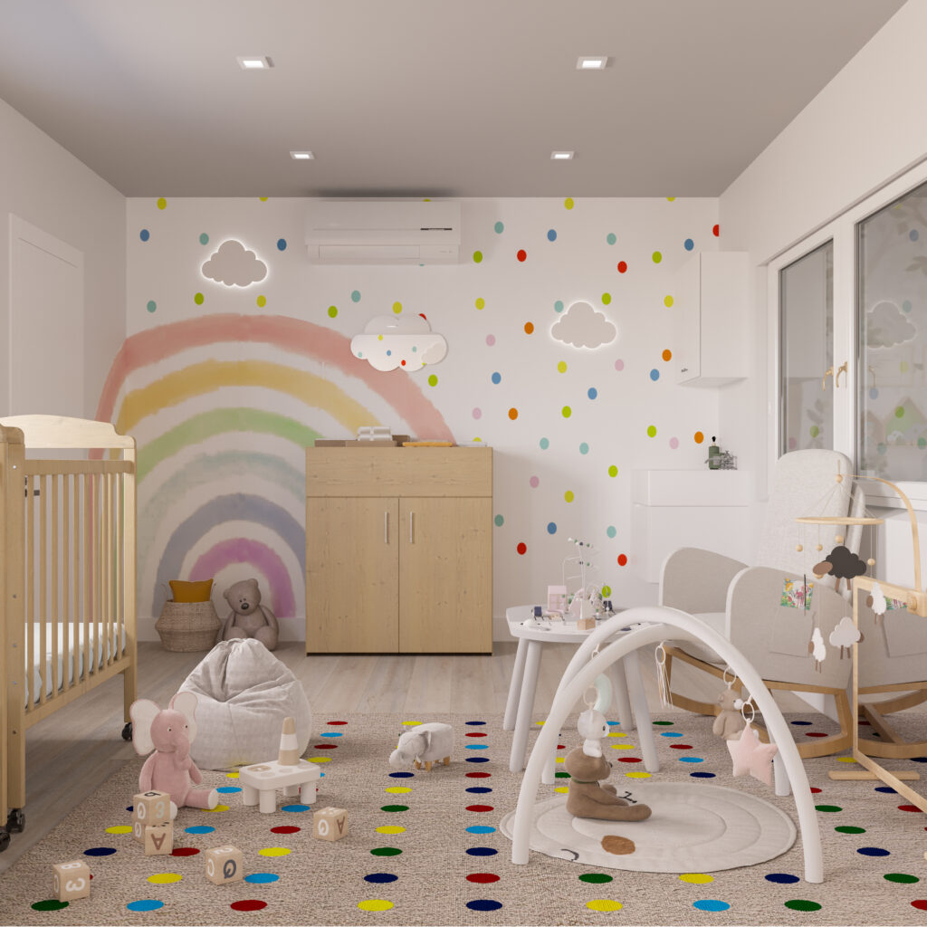 infant childcare room with rainbow wall mural, soft toys, crib, and parent seating