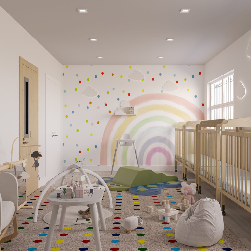 childcare interior design with infant room, cribs, rainbow mural, and soft play area