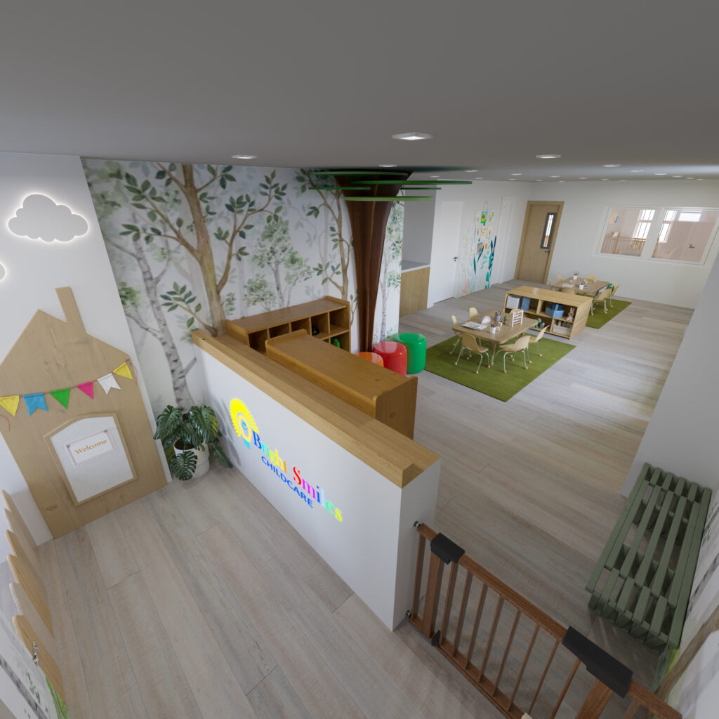 overview of childcare center with reception desk, classroom tables, cubbies, and tree mural