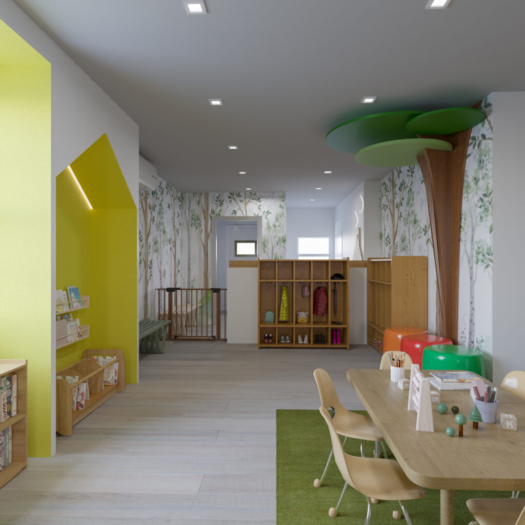 childcare classroom reading corner with yellow house-shaped nook, books, shelves, and activity table