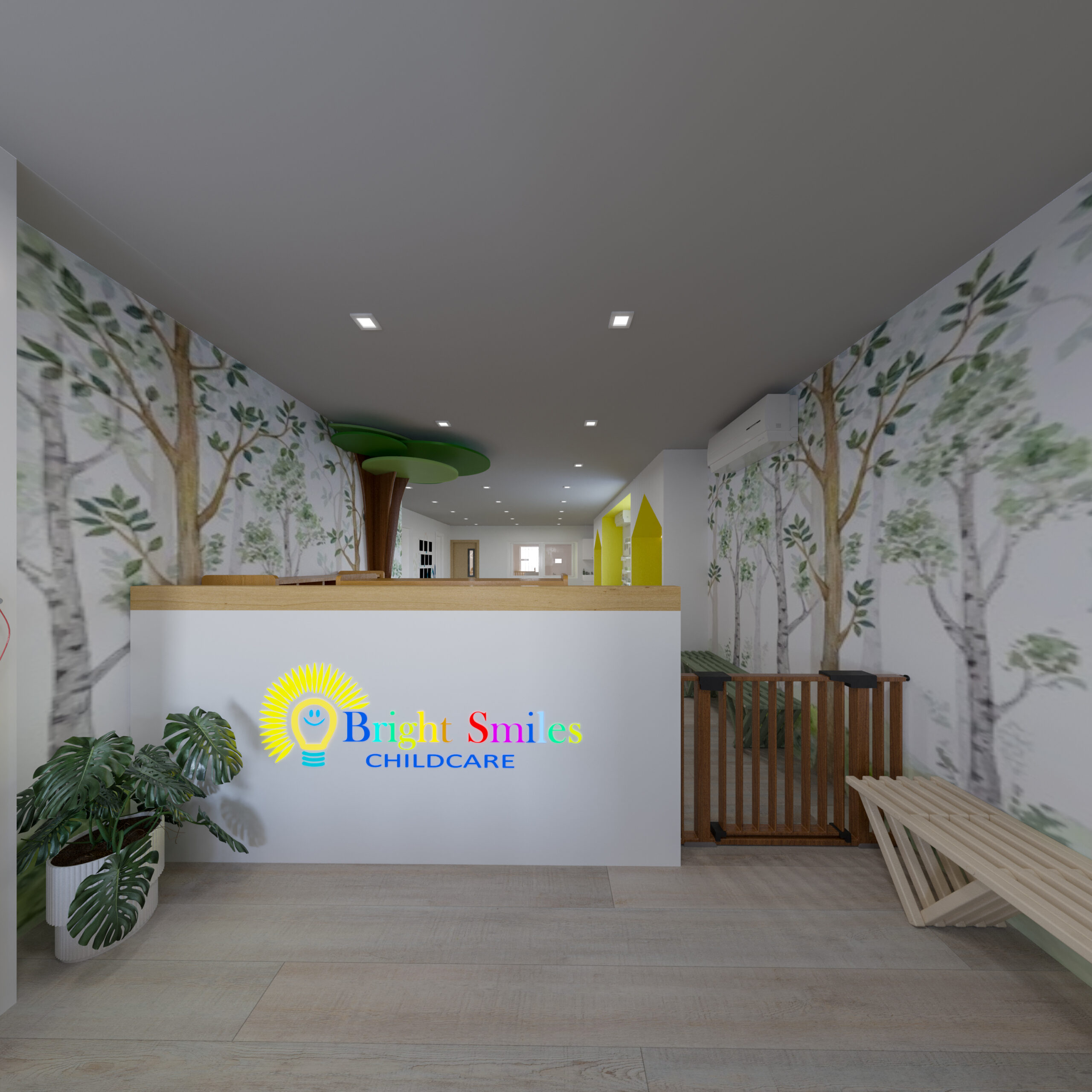 childcare reception area with Bright Smiles Childcare logo, wood desk, and nature wall mural
