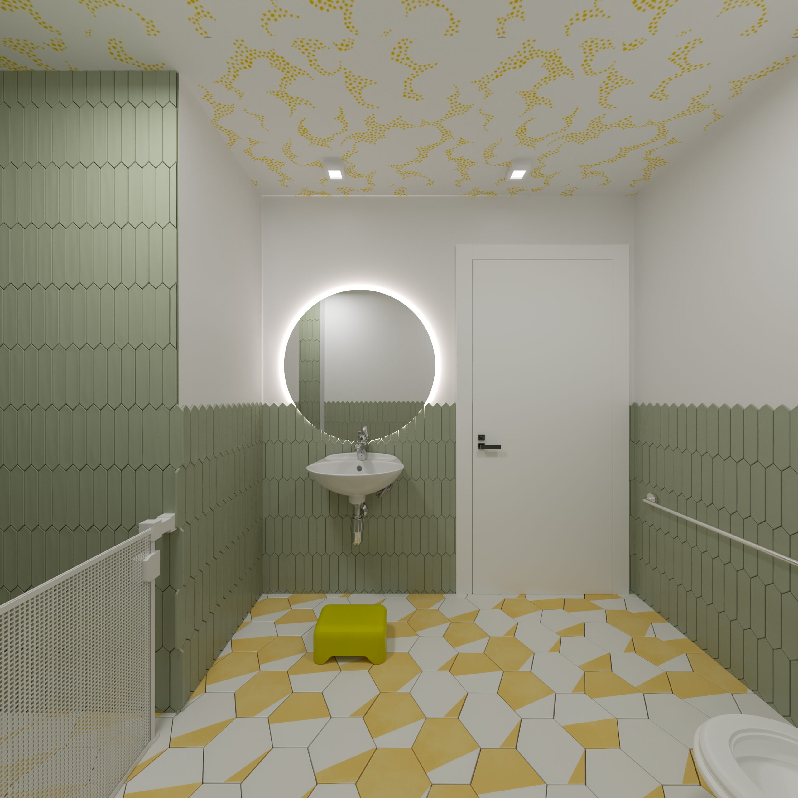 child-friendly restroom design with green tile, round mirror, yellow floor pattern, and step stool