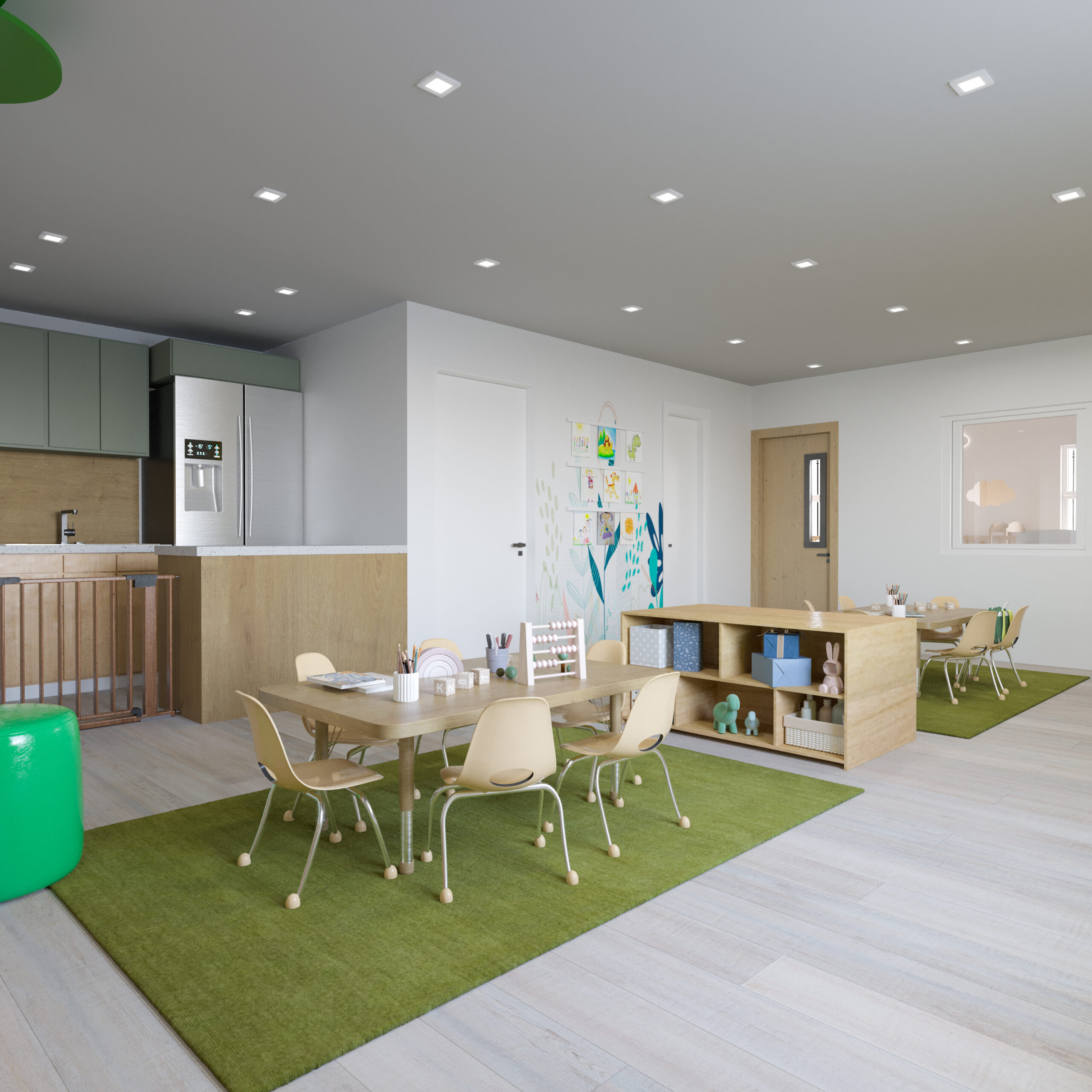 daycare classroom design with child-sized tables, green rugs, activity materials, and storage