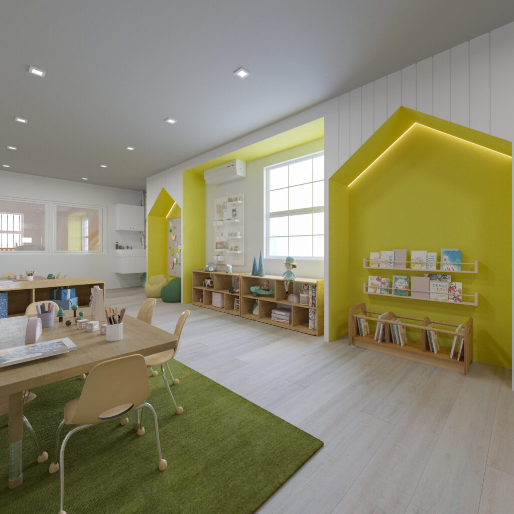 daycare interior with reception desk, classroom area, safety gate, and nature-inspired wall graphics