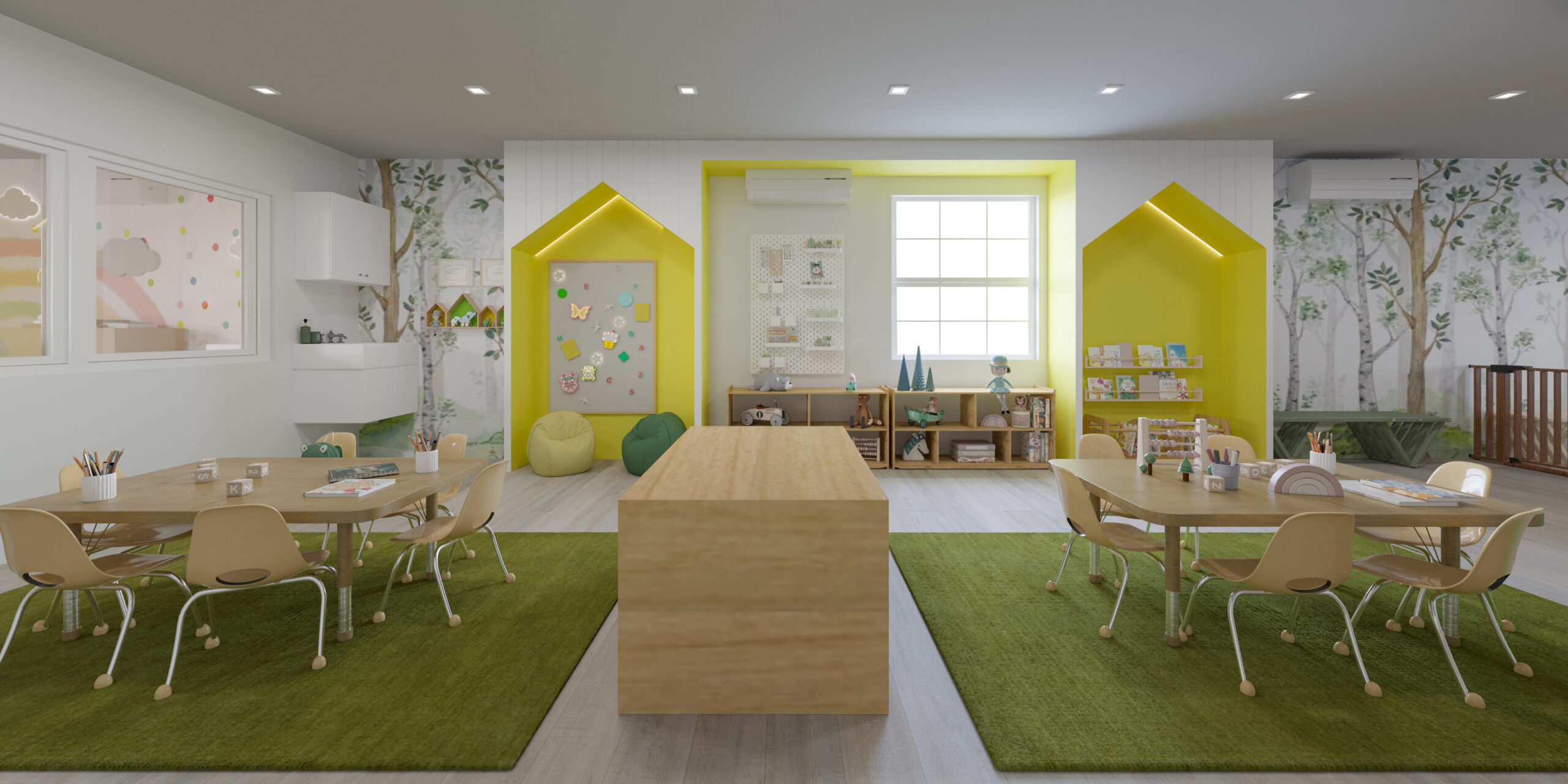 preschool classroom with activity tables, green rugs, yellow reading nooks, and open shelves