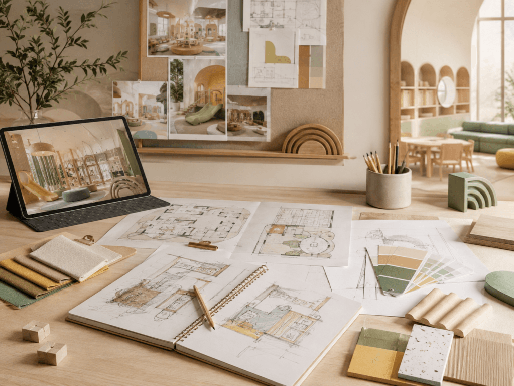 Insights 13 Interior design research desk with plans, sketches, material samples, and child-centered commercial space references