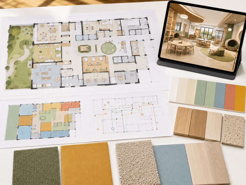 Daycare & Preschool Design 2 Daycare interior design package with classroom floor plan, zoning diagram, material samples, and 3D preschool visualization