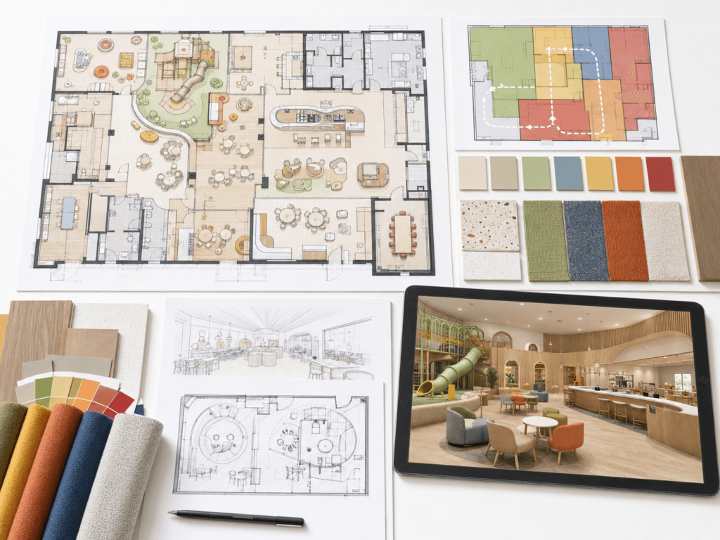 Play Café Design 2 Play café design package with floor plan, zoning, material selections, and 3D interior visualization