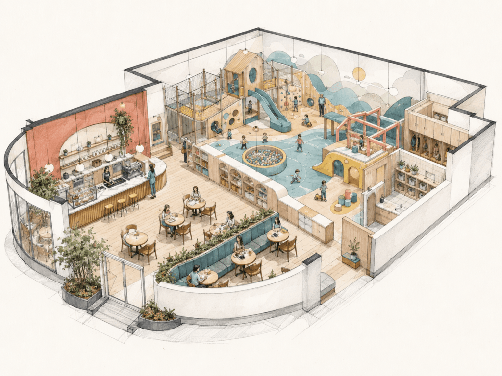 Architectural sketch of a play café with seating, café counter, and supervised play zones