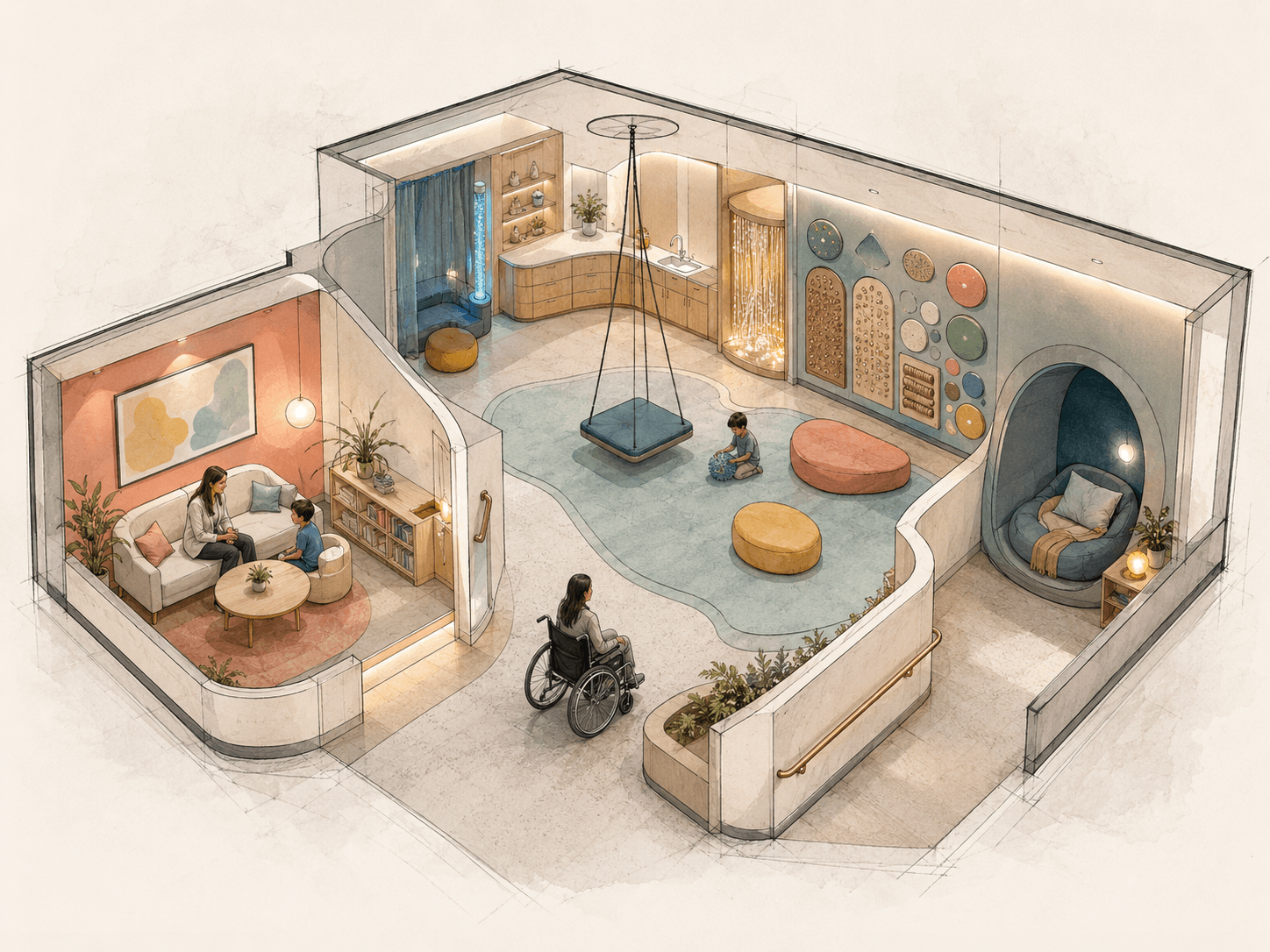 Architectural sketch of an accessible pediatric sensory room with calming activity zones
