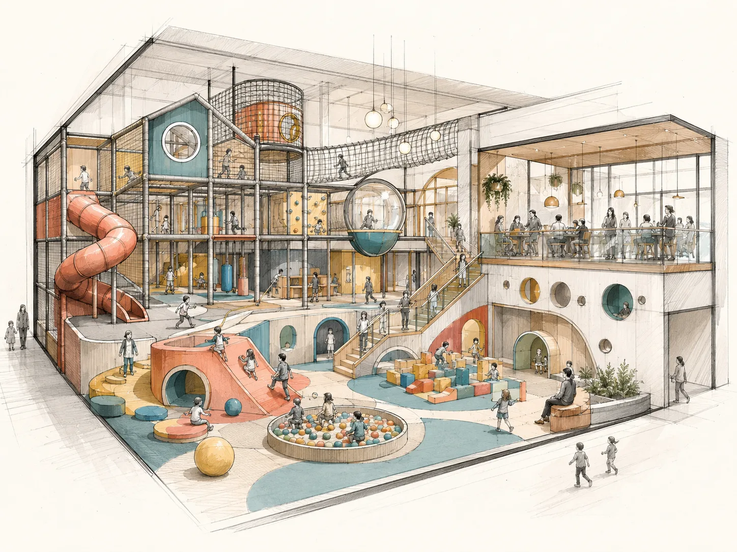 Architectural sketch of an indoor playground with climbing structures and parent observation area