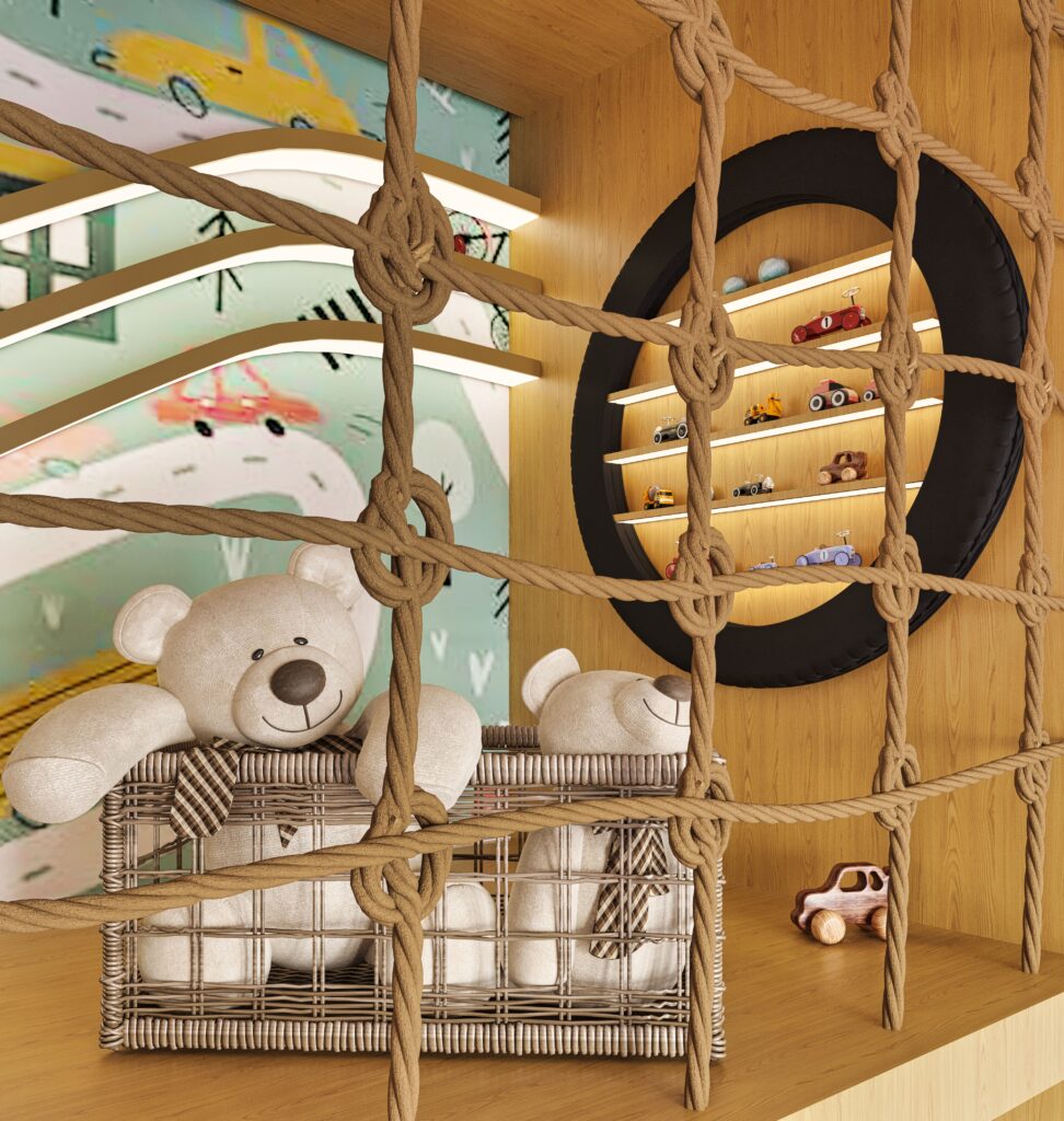 kids indoor playroom with house bed, climbing wall, and reading area