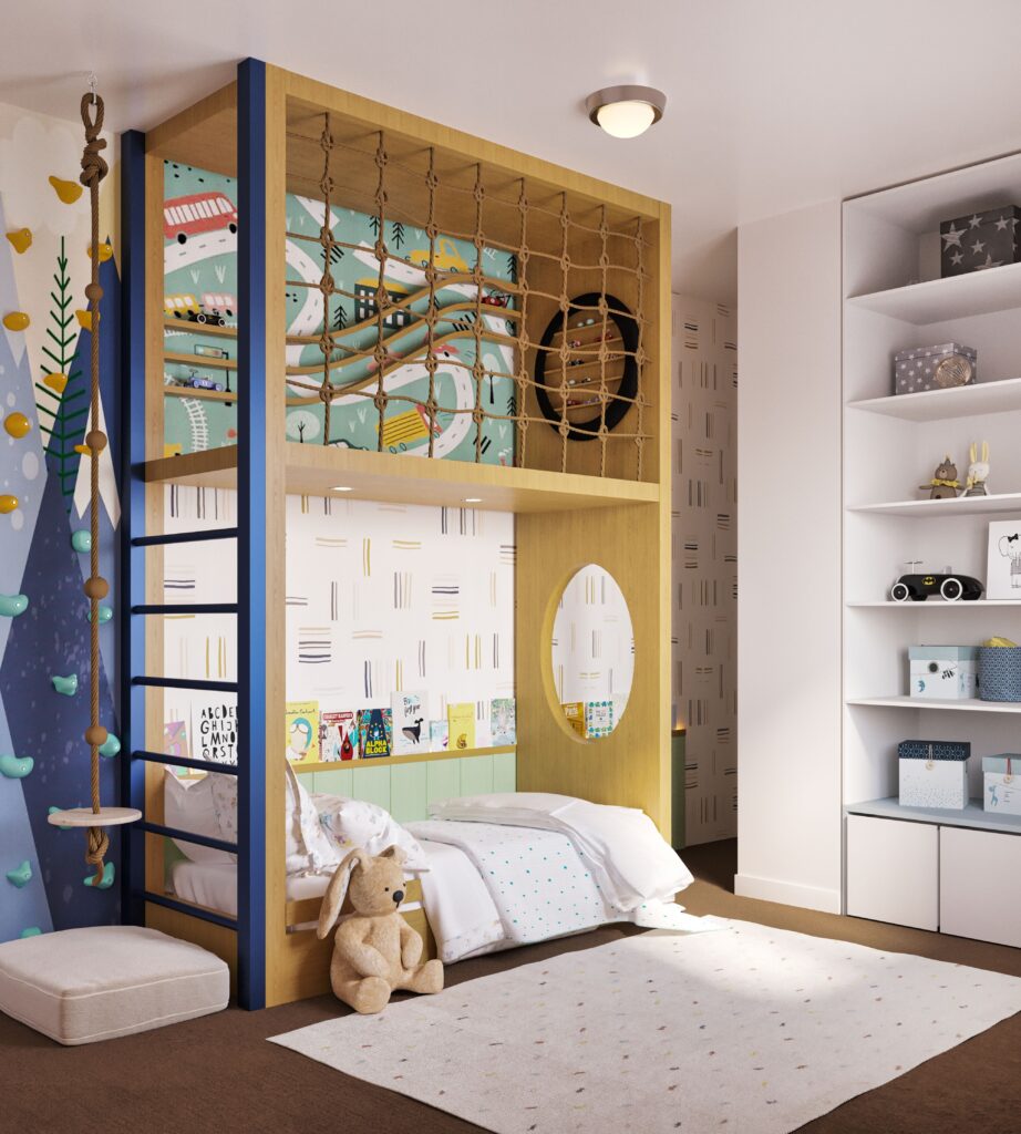 kids indoor playroom design with loft bed, rope net, and climbing wall