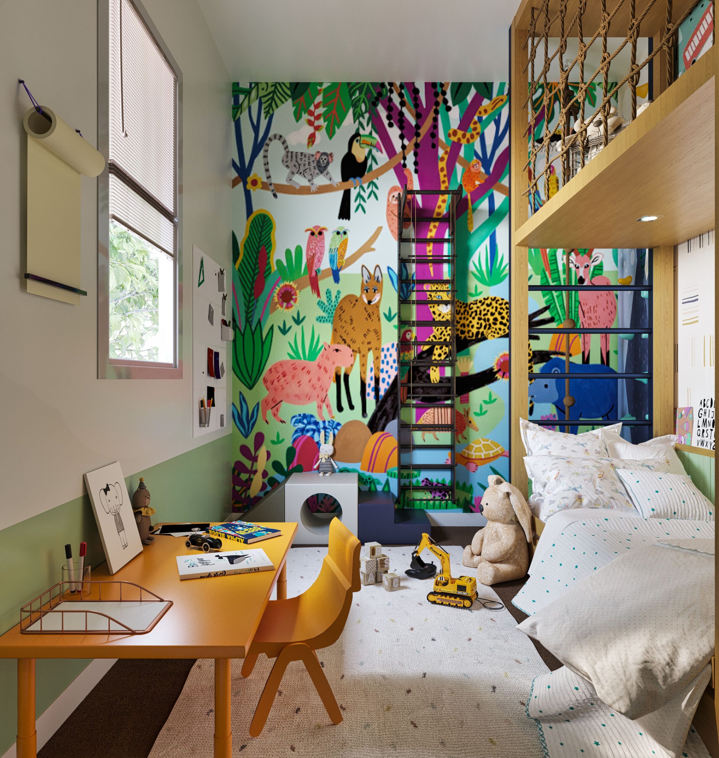 kids play loft with rope net, mini-car display, and wood shelving