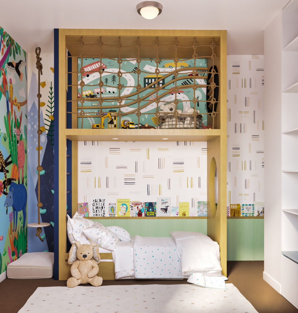 kids playroom with two-level bed, upper play loft, and rope safety net