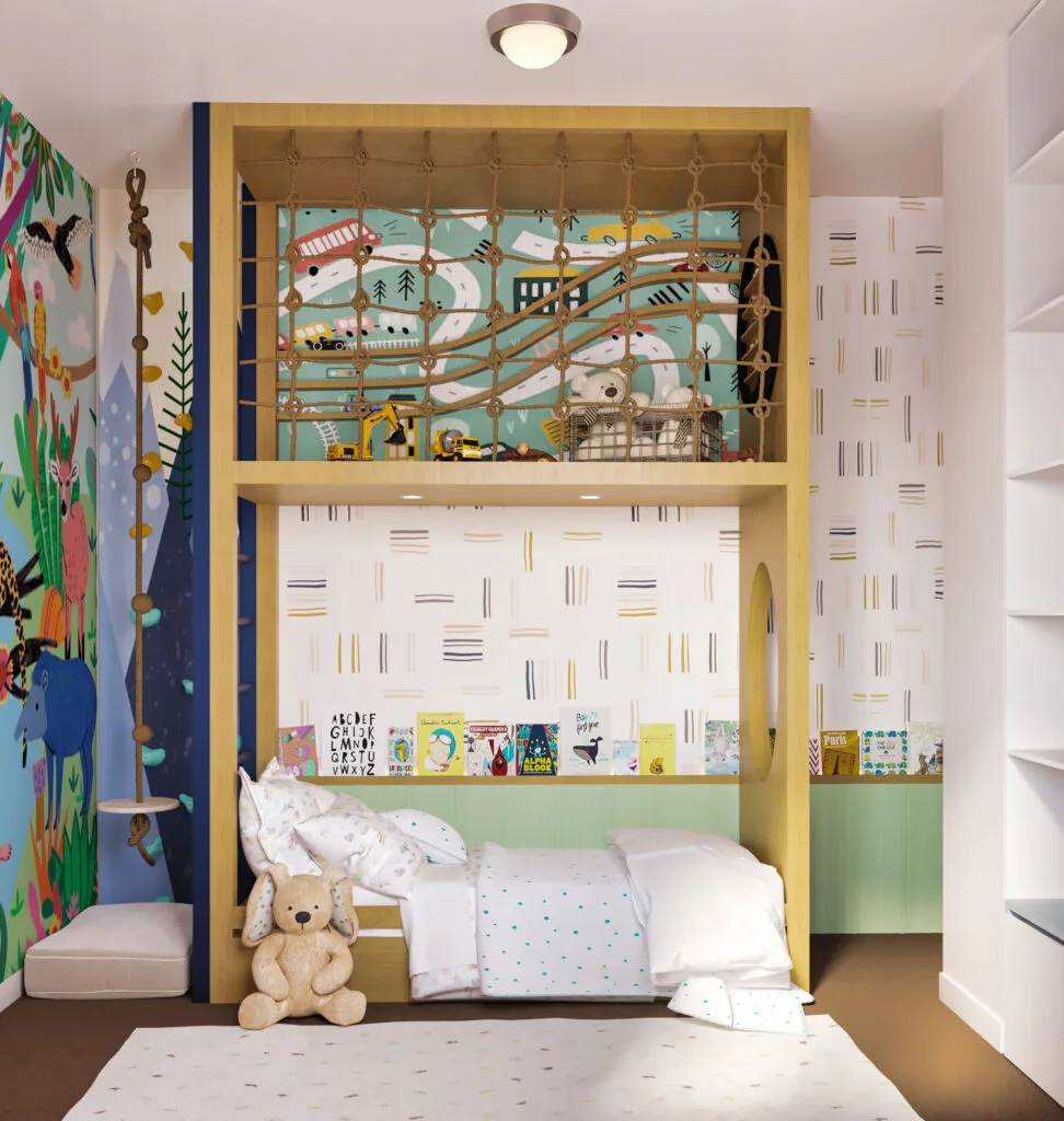 kids playroom with two-level bed, upper play loft, and rope safety net
