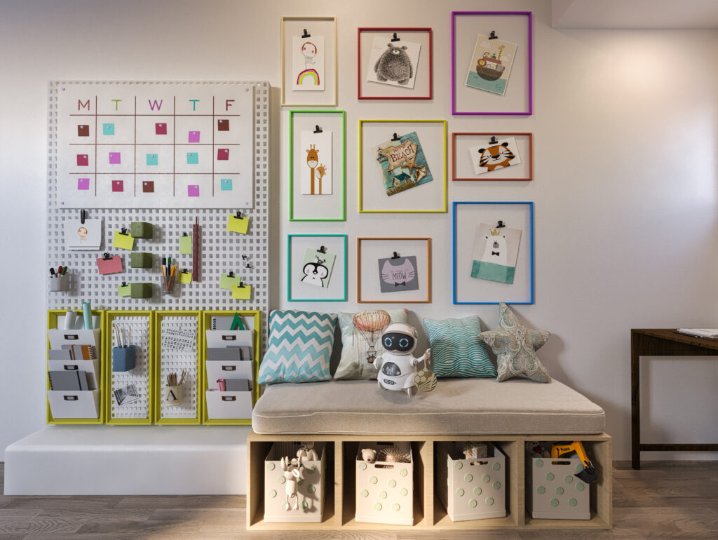 kids playroom with art station pegboard storage cushioned bench and framed artwork