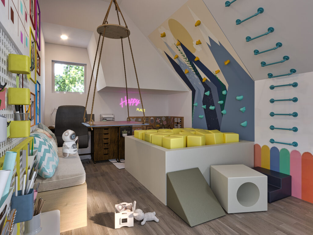 indoor kids playroom with foam pit climbing holds monkey bars and sensory swing