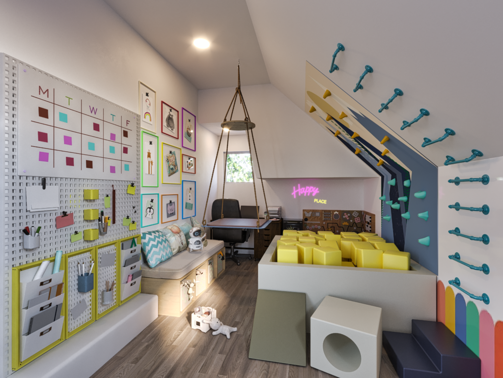 kids sensory playroom design with foam pit climbing wall monkey bars and platform swing