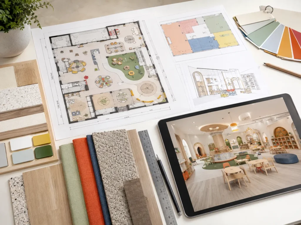 Interior design package with floor plans, material samples, furniture layouts, and a 3D visualization for a child-centered commercial space.