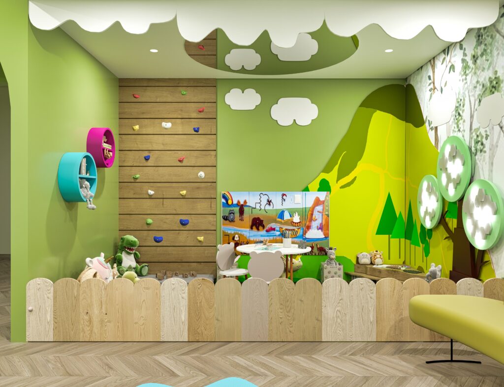 jungle pediatric dental design with sensory play area and nature-themed walls
