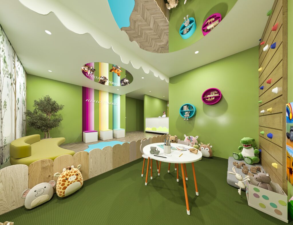jungle pediatric dental design with play room, animal toys, and climbing wall