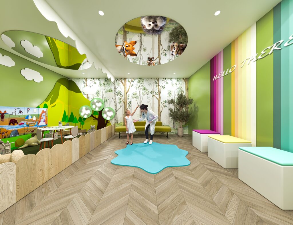 jungle pediatric dental design with rainbow seating and child-friendly waiting area